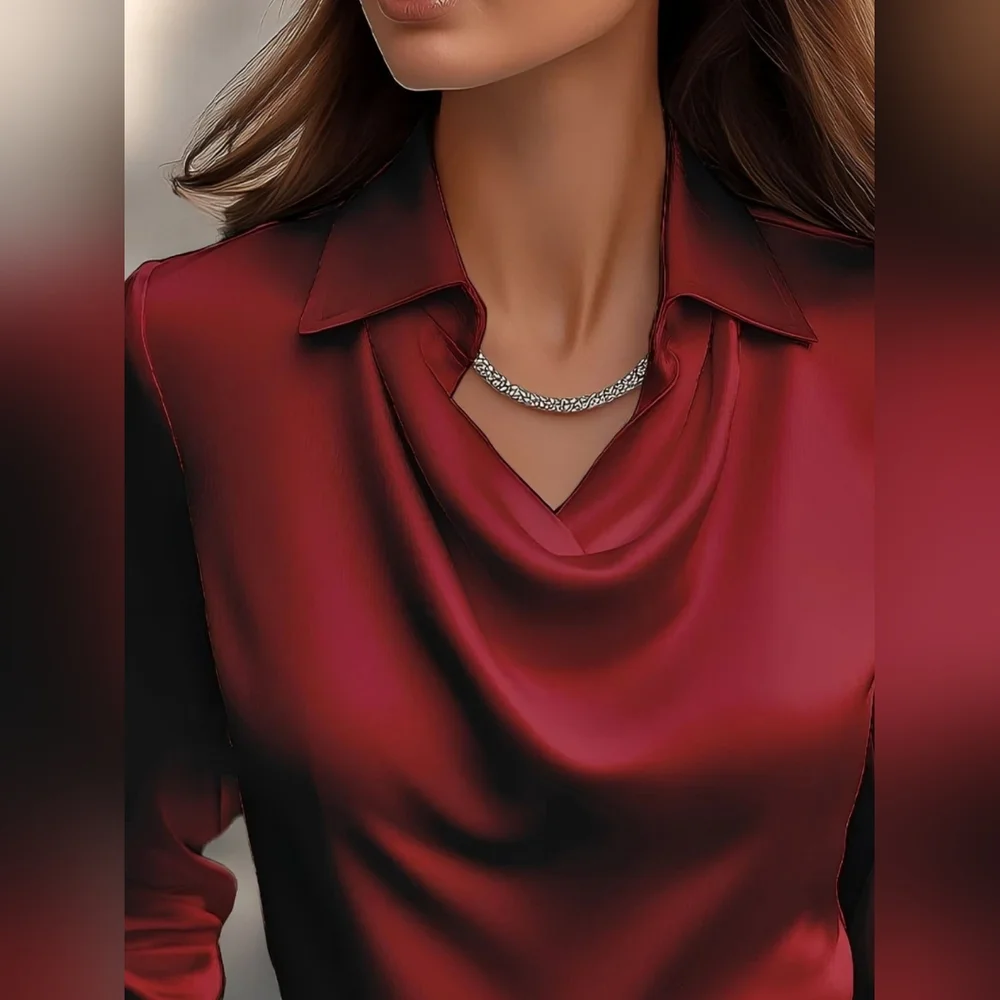 Elegant Collared Neck Women's Red Top - Picture 3 of 7